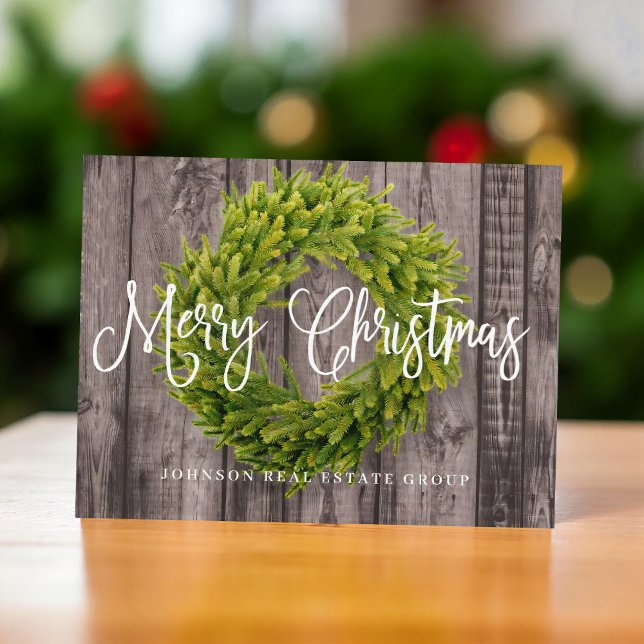 Cartes Pour Fêtes Annuelles Serre de feuillage sur bois | Joyeux voeux Noël (Créateur téléchargé)