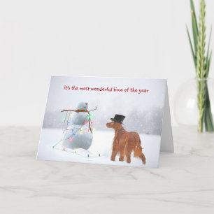 Cartes Pour Fêtes Annuelles Setter Irlandais Avec Snowman De Vacances