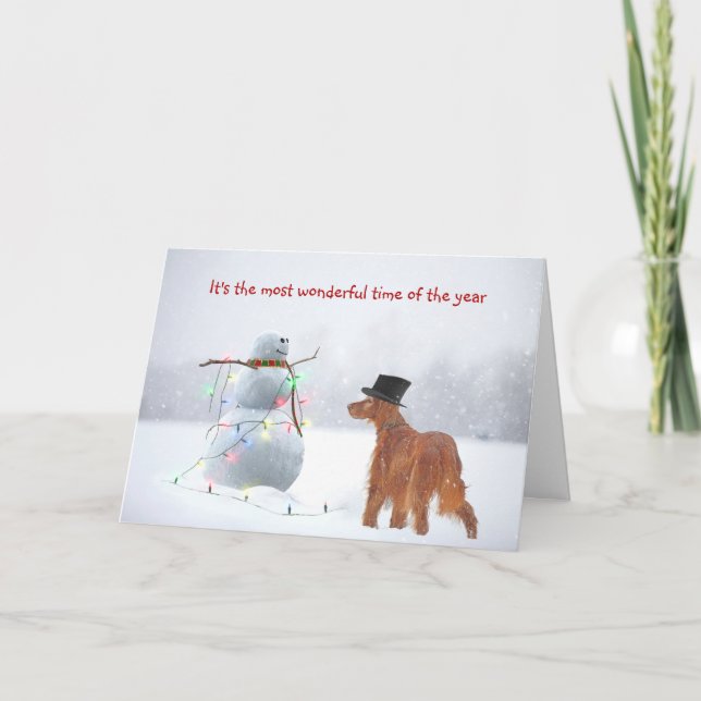 Cartes Pour Fêtes Annuelles Setter Irlandais Avec Snowman De Vacances (Devant)