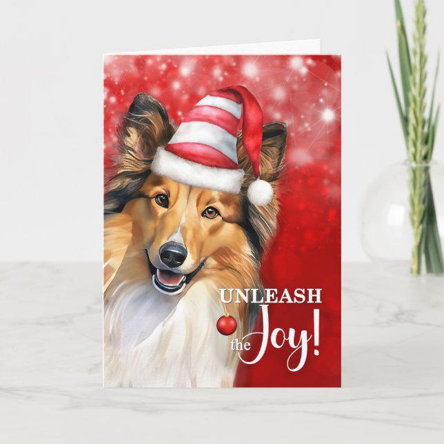 Cartes Pour Fêtes Annuelles Shetland Sheepdog déchaîne la joie Noël (Devant)