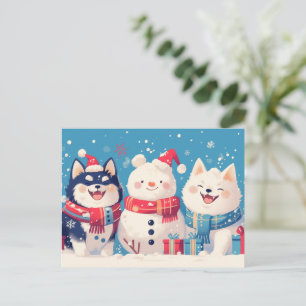 Cartes Pour Fêtes Annuelles Shiba Inu noir et chien Samoyède avec Bonhomme de