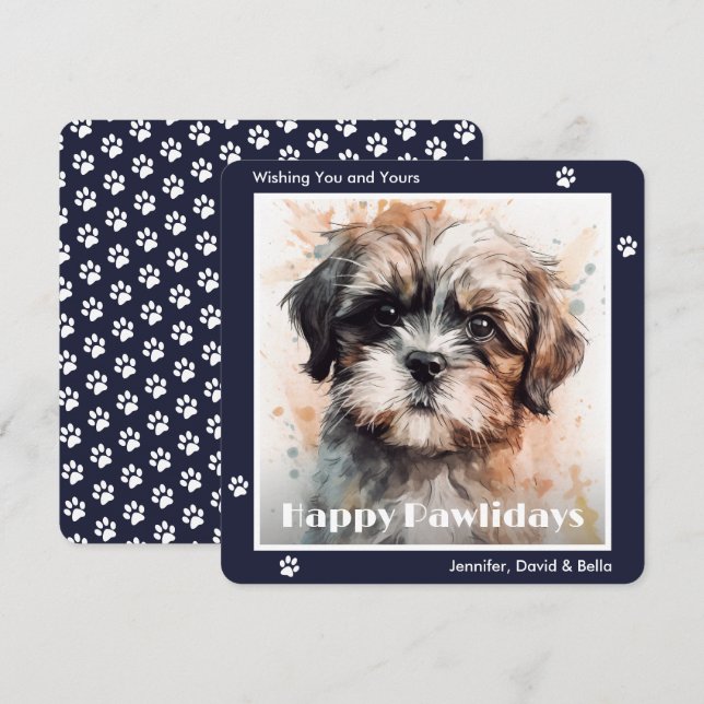 Cartes Pour Fêtes Annuelles Shih Tzu Dog Blue Watercolor Christmas (Devant / Derrière)