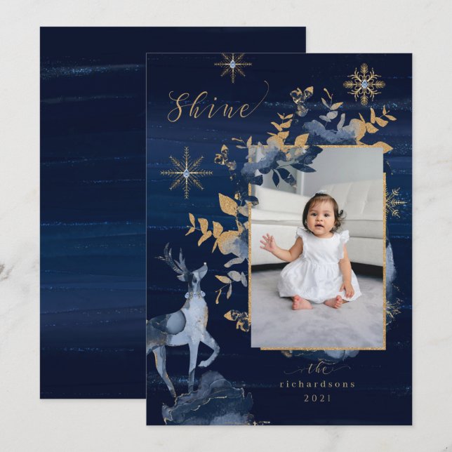 Cartes Pour Fêtes Annuelles Shine Navy Gold Snowflakes Reindeer & Jewers Photo (Devant / Derrière)