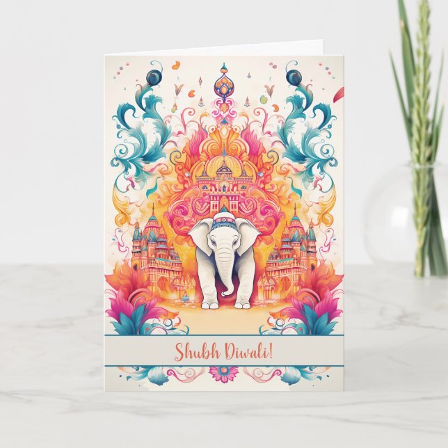 Cartes Pour Fêtes Annuelles 🐘 Shubh Diwali avec l'élégance de l'aquarelle (Devant)