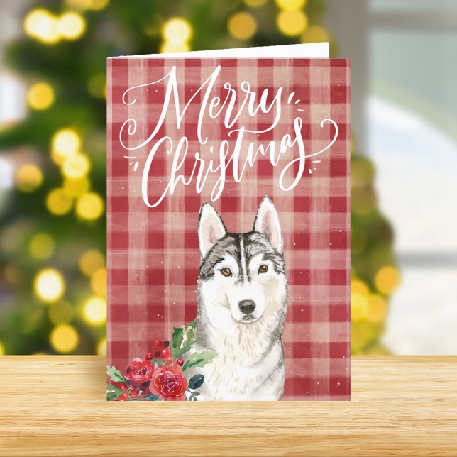 Cartes Pour Fêtes Annuelles Sibérien Husky Red Plaid Noël (Créateur téléchargé)