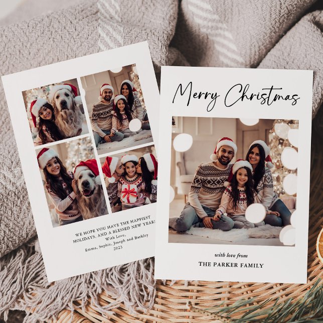 Cartes Pour Fêtes Annuelles Signature moderne | Photo multiple noir et blanc (A simple and modern, black and white Christmas card with five of your favorite photos)