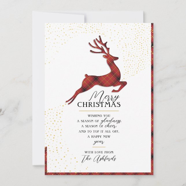 Cartes Pour Fêtes Annuelles Silhouette élégante de rennes | Red & Gold Plaid (Devant)