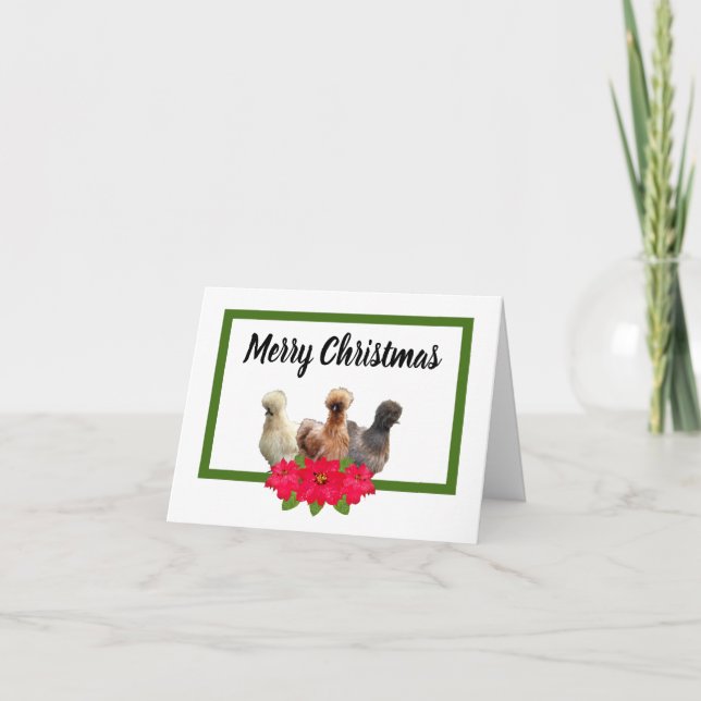 Cartes Pour Fêtes Annuelles Silkie Bantam Joyeux poulets de Noël Poinsettia (Devant)