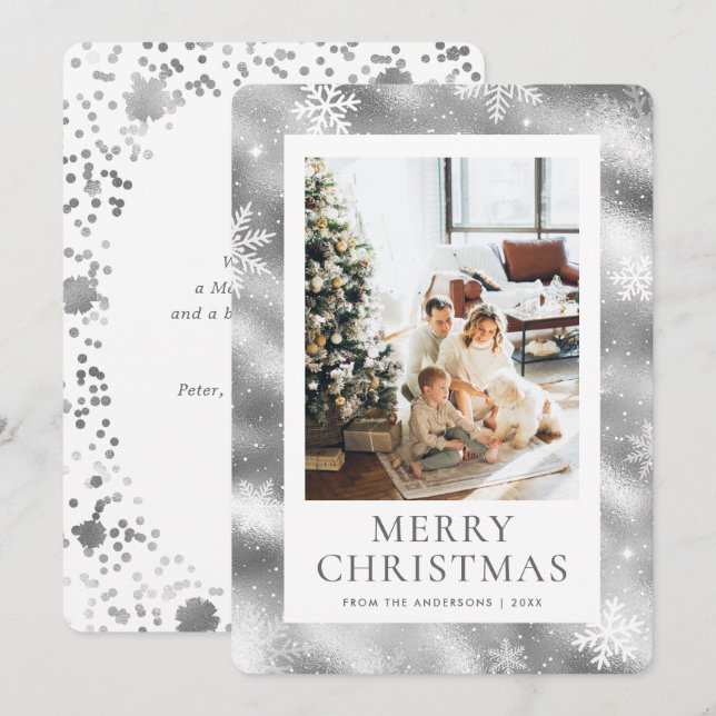 Cartes Pour Fêtes Annuelles Silver Joyeux Noël Snowflake Photo Neige (Devant / Derrière)