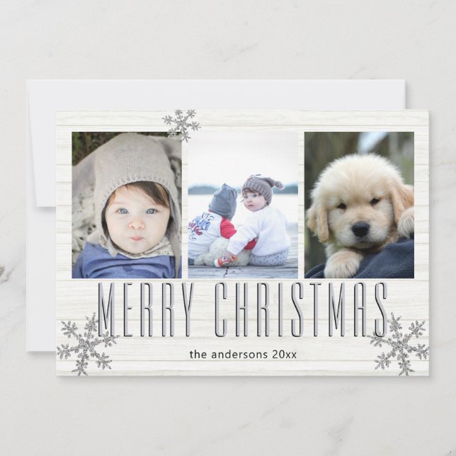 Cartes Pour Fêtes Annuelles Silver Snowflake 3 Photo Collage Joyeux (Devant)