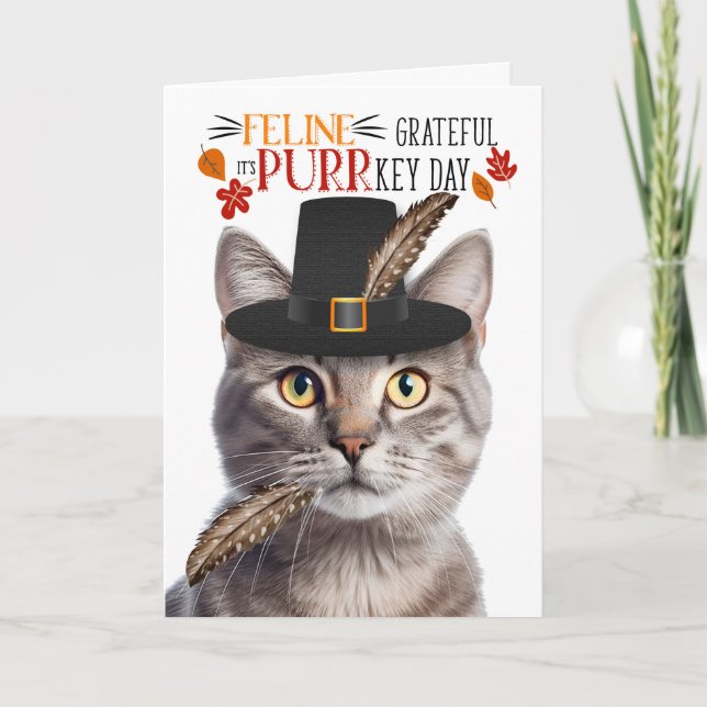 Cartes Pour Fêtes Annuelles Silvery Tabby Cat Feline Grateful pour PURRkey Day (Devant)