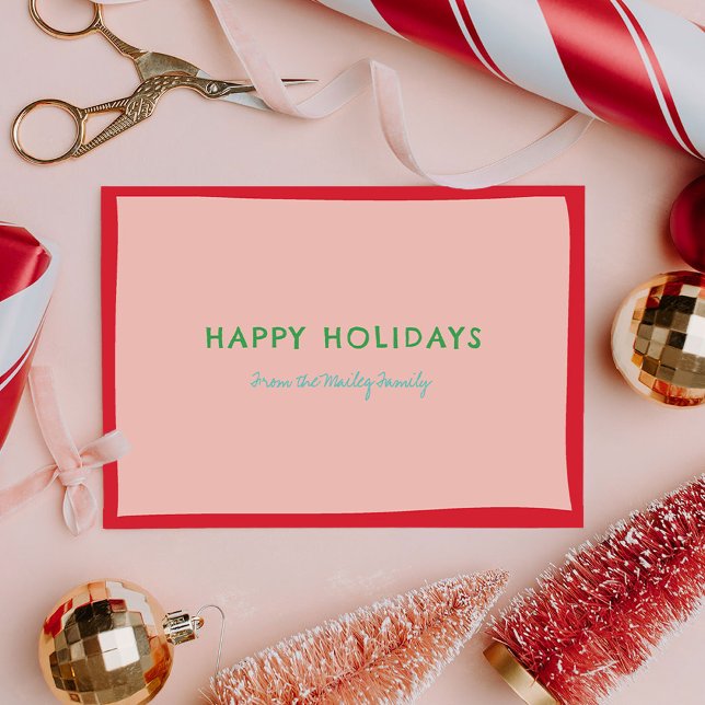 Cartes Pour Fêtes Annuelles Simple amusant rose et rouge photo (Playful and simple, this holiday card features fun fonts and bold, cheerful colors.)