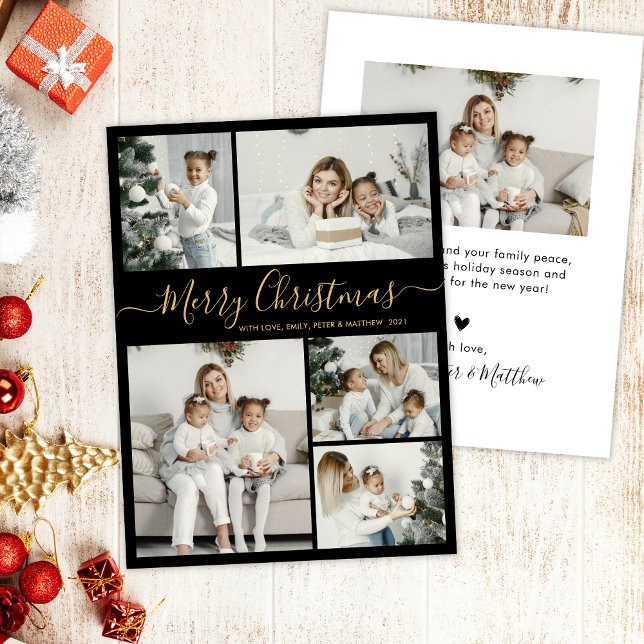 Cartes Pour Fêtes Annuelles Simple Black Gold 5 Photo Collage Noël (Créateur téléchargé)
