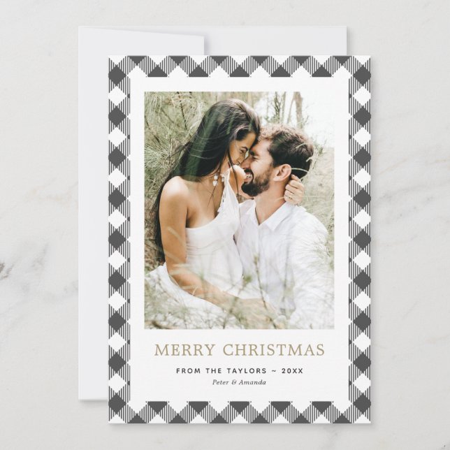 Cartes Pour Fêtes Annuelles Simple Black White Plaid Photo Joyeux Noël (Devant)