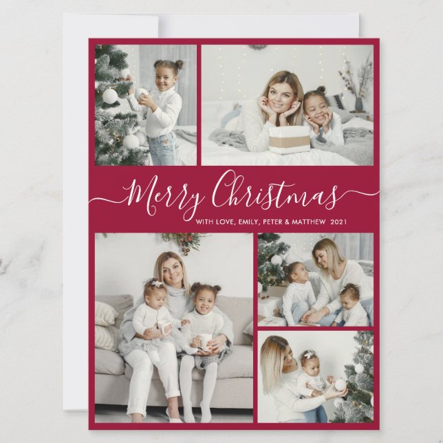 Cartes Pour Fêtes Annuelles Simple Bordo Blanc 5 Photo Collage Noël (Devant)