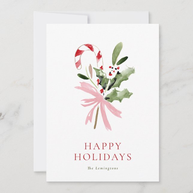 Cartes Pour Fêtes Annuelles Simple Candy Cane Holly & Bow No Photo (Devant)