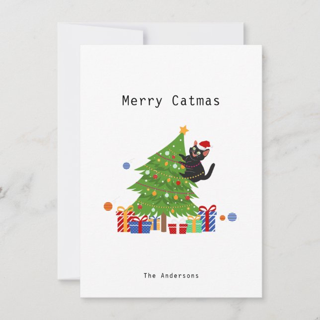 Cartes Pour Fêtes Annuelles Simple Chat Noir Funky Et Arbre De Noël (Devant)
