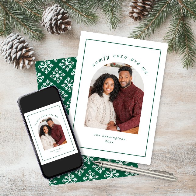 Cartes Pour Fêtes Annuelles Simple Cosy Green White Snowflon photo de vacances (Simple Cozy Green White Snowflake Holiday Photo Christmas Card with digital download)