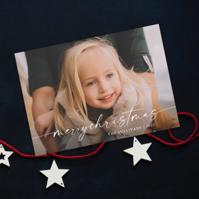 Cartes Pour Fêtes Annuelles Simple écriture manuscrite photo Noël (An elegant photo christmas holiday card with handwritten script typography overlay.)