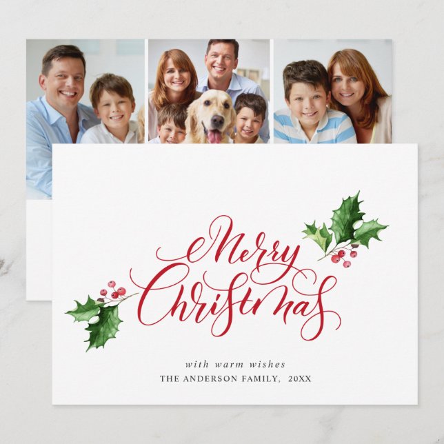 Cartes Pour Fêtes Annuelles Simple Élégant Joyeux Noël Message 3 PHOTO (Devant / Derrière)