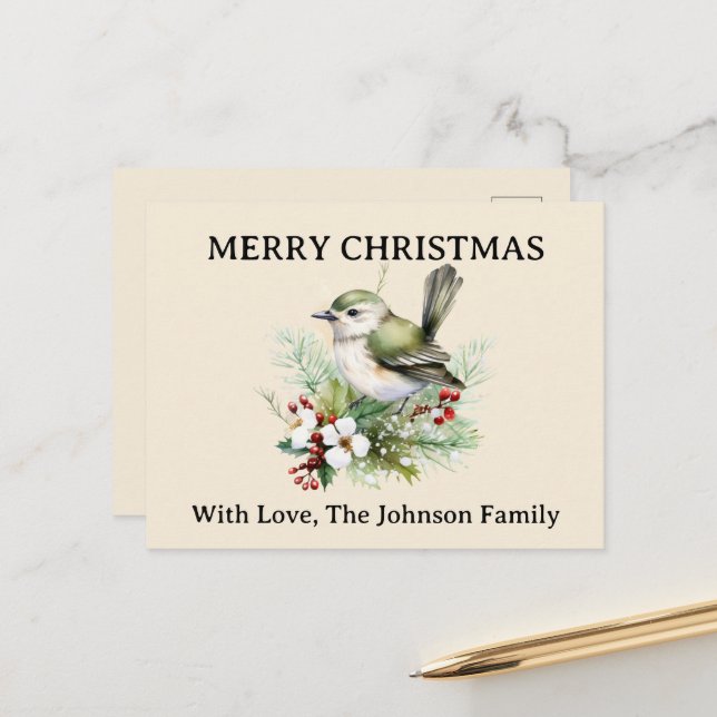 Cartes Pour Fêtes Annuelles Simple élégant Noël Floral Bird Nature (Devant/Arrière en situation)