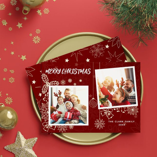 Cartes Pour Fêtes Annuelles Simple élégante Rouge foncé 2 cadres photo Famille (Simple Elegant Dark Red 2 Photo Frames Family Holiday Card)