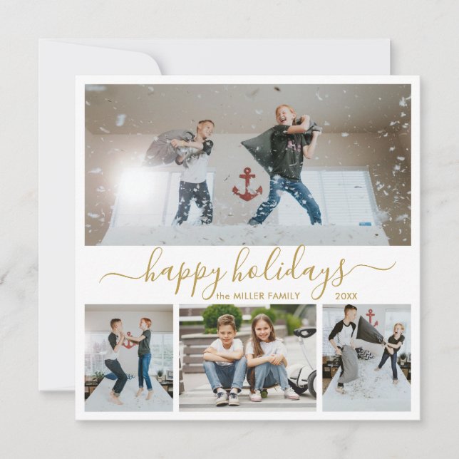 Cartes Pour Fêtes Annuelles Simple Gold White 4 Photo Collage Happy (Devant)
