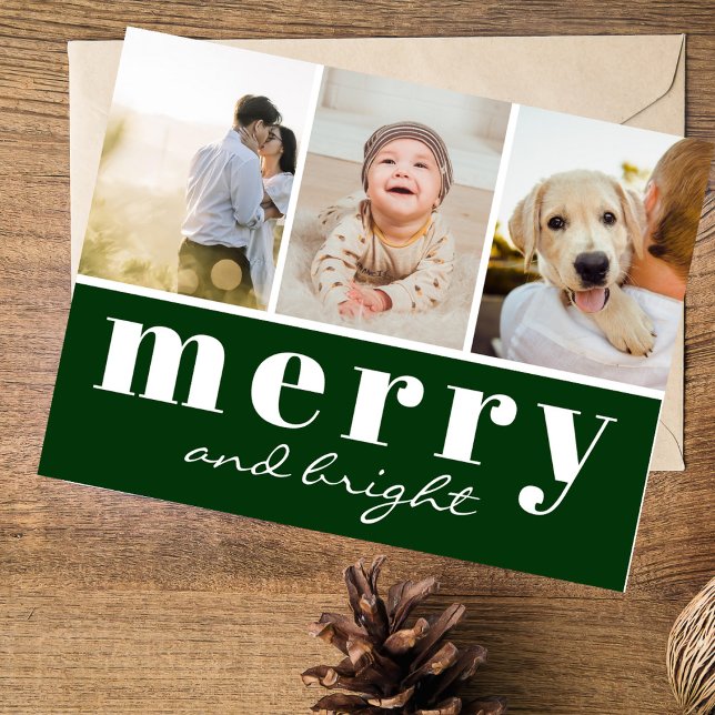 Cartes Pour Fêtes Annuelles Simple Green Trois photos personnalisées Noël (Créateur téléchargé)