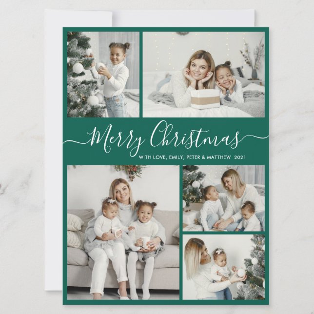Cartes Pour Fêtes Annuelles Simple Green White 5 Photo Collage Noël (Devant)