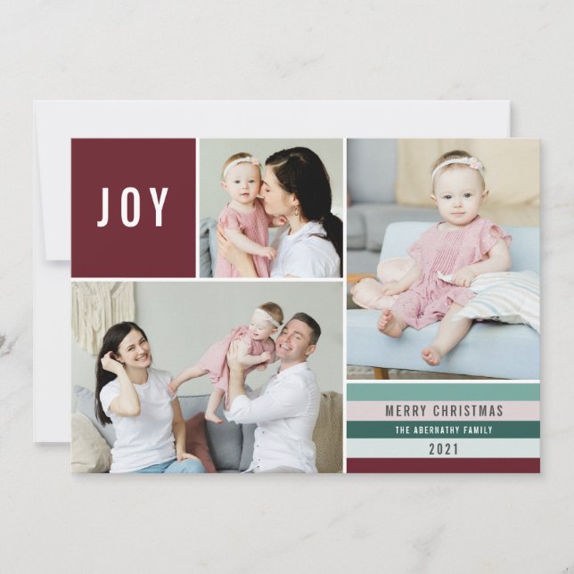 Cartes Pour Fêtes Annuelles Simple Joy 3 Photo Collage Stripes Modernes | Maro (Devant)