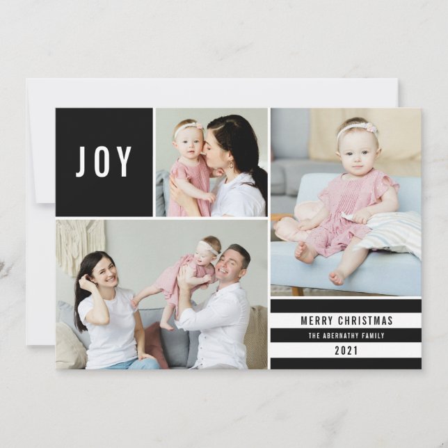 Cartes Pour Fêtes Annuelles Simple Joy 3 Photo Collage Stripes Modernes | Noir (Devant)