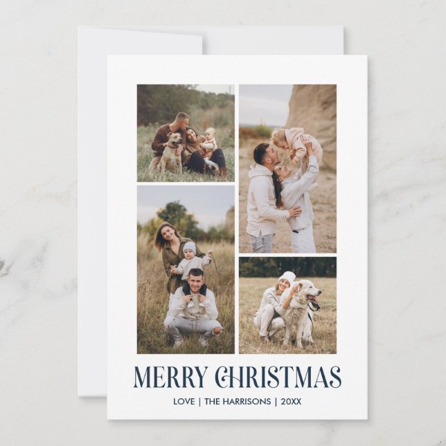 Cartes Pour Fêtes Annuelles Simple Joyeux Noël 4 Photo Collage | BLEU (Devant)