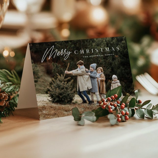 Cartes Pour Fêtes Annuelles Simple Joyeux Noël Script 3 Photo (Modern Merry Christmas 3 Photo Holiday Cards.)