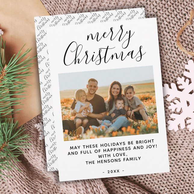 Cartes Pour Fêtes Annuelles Simple Minimal Joyeux Noël Script Photo de famille (Créateur téléchargé)