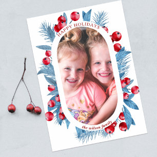 Cartes Pour Fêtes Annuelles Simple Modern Bleu Baies de Houx Photo