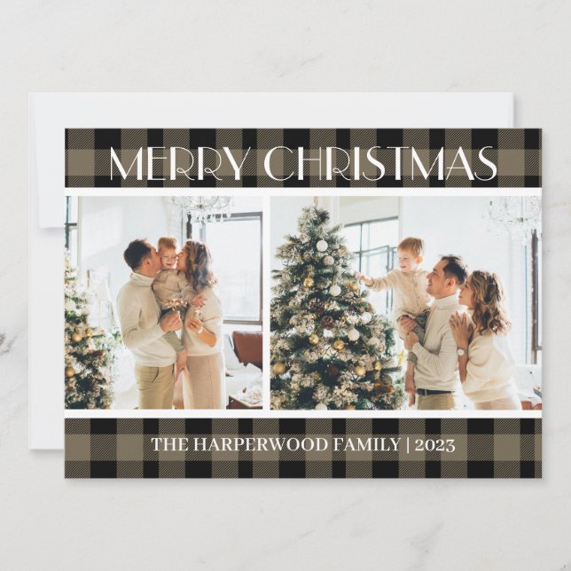 Cartes Pour Fêtes Annuelles Simple moderne Plaid Famille de Noël Deux photos (Devant)
