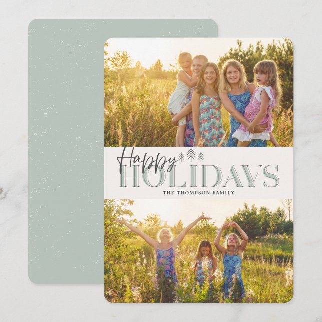 Cartes Pour Fêtes Annuelles Simple moderne vert Joyeux vacances Deux photos (Devant / Derrière)