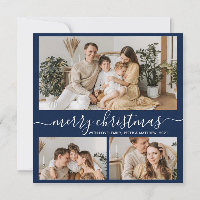 Cartes Pour Fêtes Annuelles Simple Navy White 3 Photo Collage Noël (Devant)
