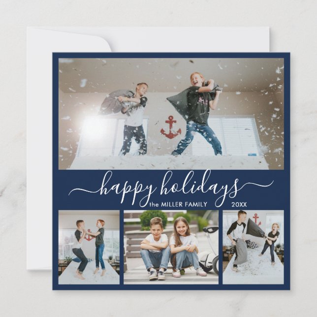 Cartes Pour Fêtes Annuelles Simple Navy White 4 Photo Collage Happy (Devant)