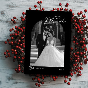 Cartes Pour Fêtes Annuelles Simple Noir Blanc Merry Marié Script Photo