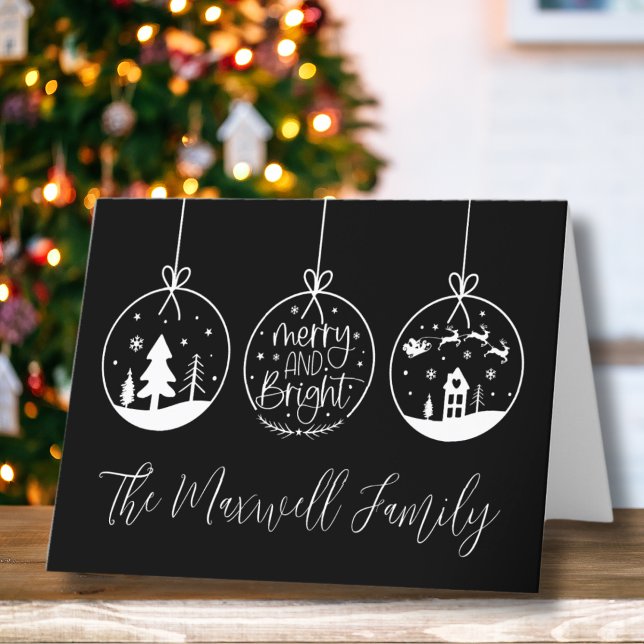 Cartes Pour Fêtes Annuelles Simple Noir Blanc Noël (Simple Modern Black White Merry And Bright Holiday Card)