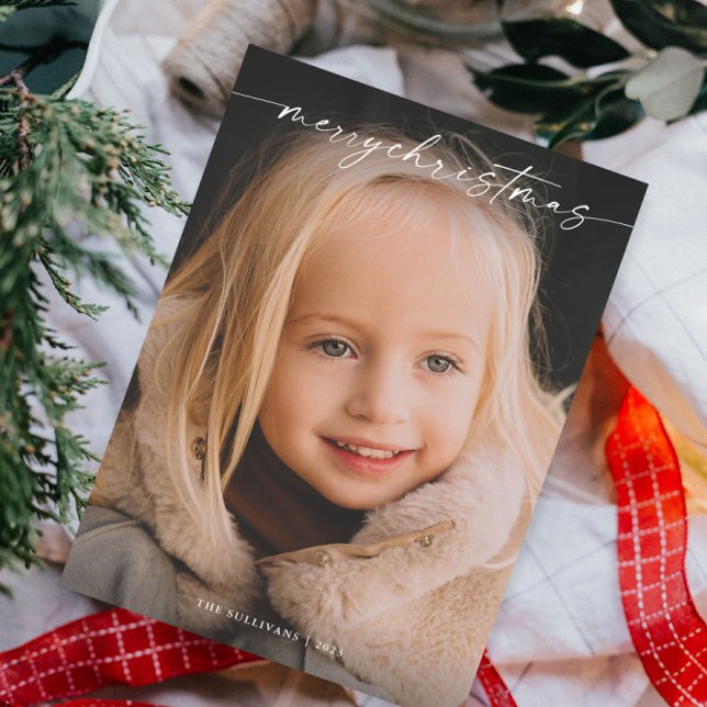 Cartes Pour Fêtes Annuelles Simple Photo de Noël avec écriture manuscrite (Modern photo Christmas  holiday card with elegant handwritten script typographic overlay.)