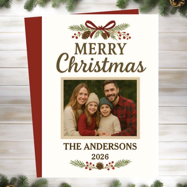 Cartes Pour Fêtes Annuelles Simple Red Bow Greenery Photo Christmas Card (Créateur téléchargé)