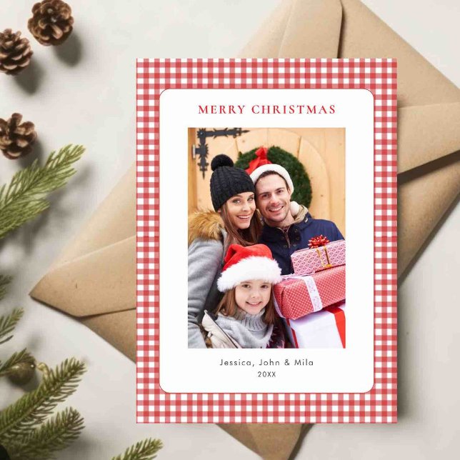 Cartes Pour Fêtes Annuelles Simple Red Gingham Christmas Photo (Créateur téléchargé)