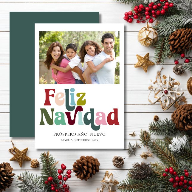 Cartes Pour Fêtes Annuelles Simple Retro Feliz Navidad Green Photo (Simple Retro Feliz Navidad Photo Green Holiday Card
)