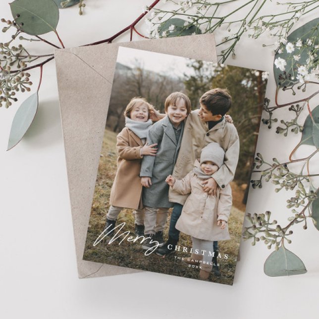 Cartes Pour Fêtes Annuelles Simple Script 3 Photo Joyeux Noël (Simple script merry christmas photo holiday card that is  simple and typographic.)