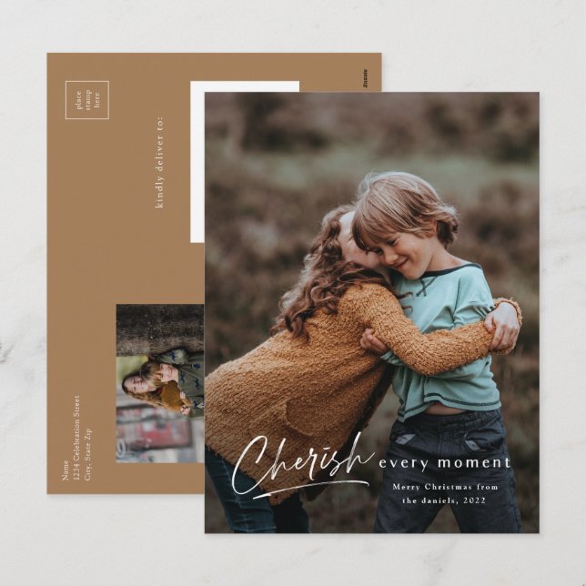 Cartes Pour Fêtes Annuelles Simple Script Cherish Chaque instant Photo Noël (Devant / Derrière)
