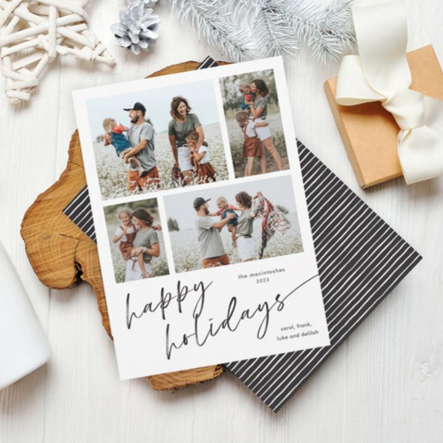 Cartes Pour Fêtes Annuelles Simple Script Collage 4 Photos Joyeuses Fêtes (Simple script 4 photo collage black and white happy holidays card. )