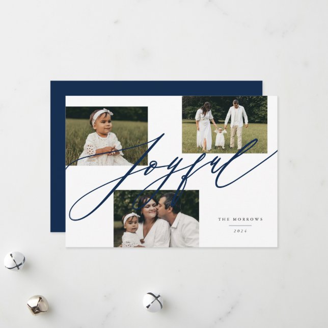 Cartes Pour Fêtes Annuelles Simple Script Joyeux Salutation Photo Bleu (Devant/Arrière en situation)