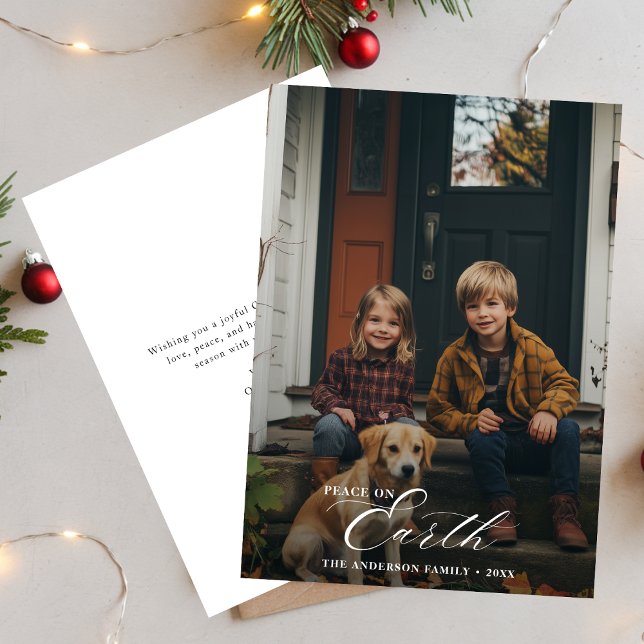 Cartes Pour Fêtes Annuelles Simple Script Peace On Earth Photo de Noël (Créateur téléchargé)